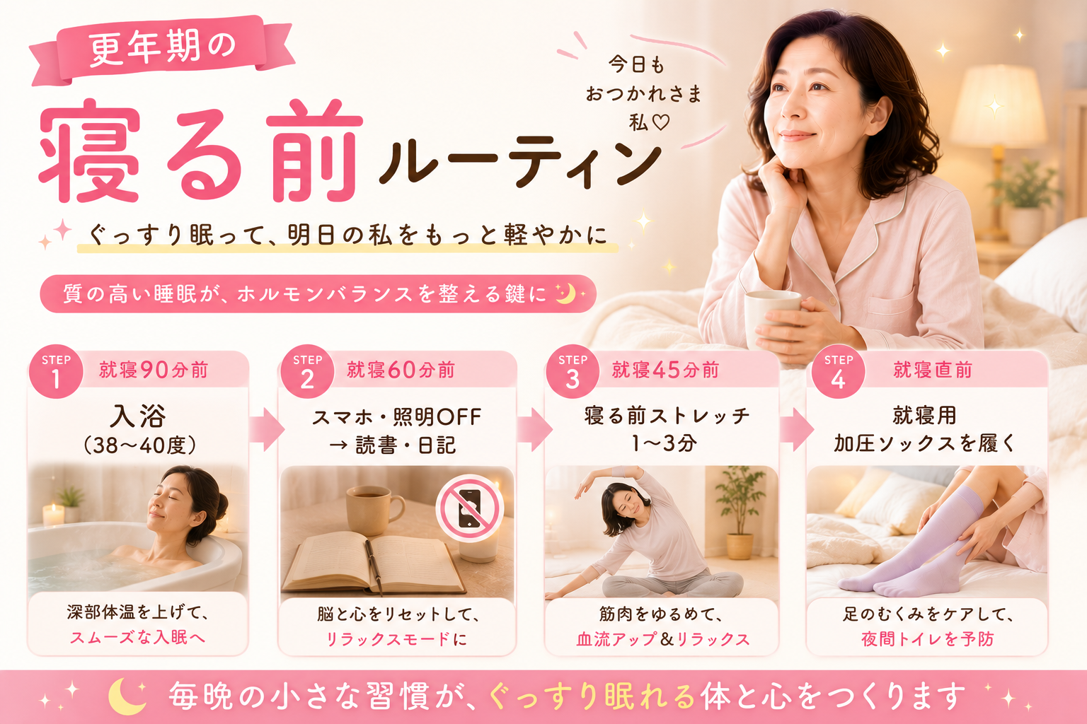 更年期の寝る前ルーティン|入浴・スマホ・照明・ストレッチ・加圧ソックスで眠りが変わった