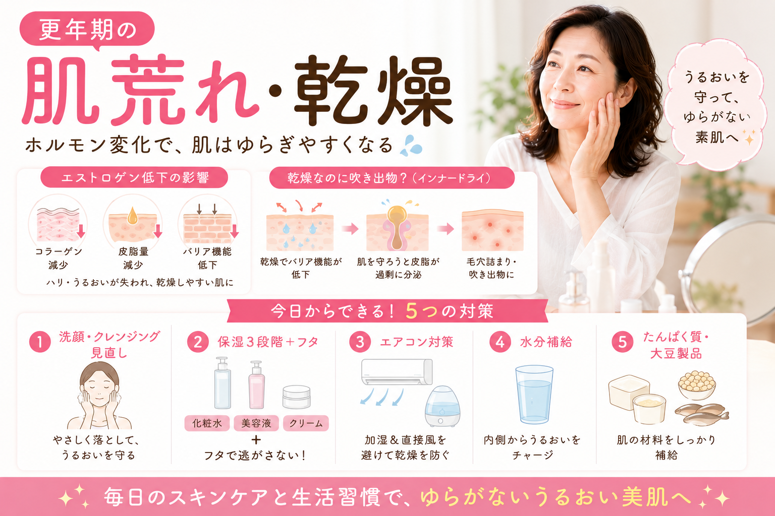 更年期の肌荒れ・乾燥|カサカサなのに吹き出物が出る原因と保湿の見直し方