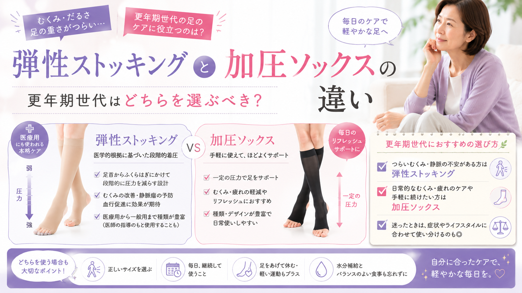 弾性ストッキングと加圧ソックスの違い|更年期世代はどちらを選ぶべき?