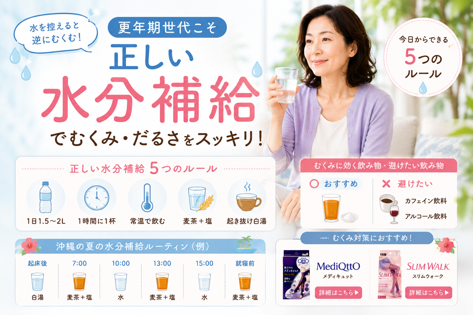 更年期の水分補給|「水を控えるとむくむ」は逆効果。正しい飲み方で足のパンパンが解消