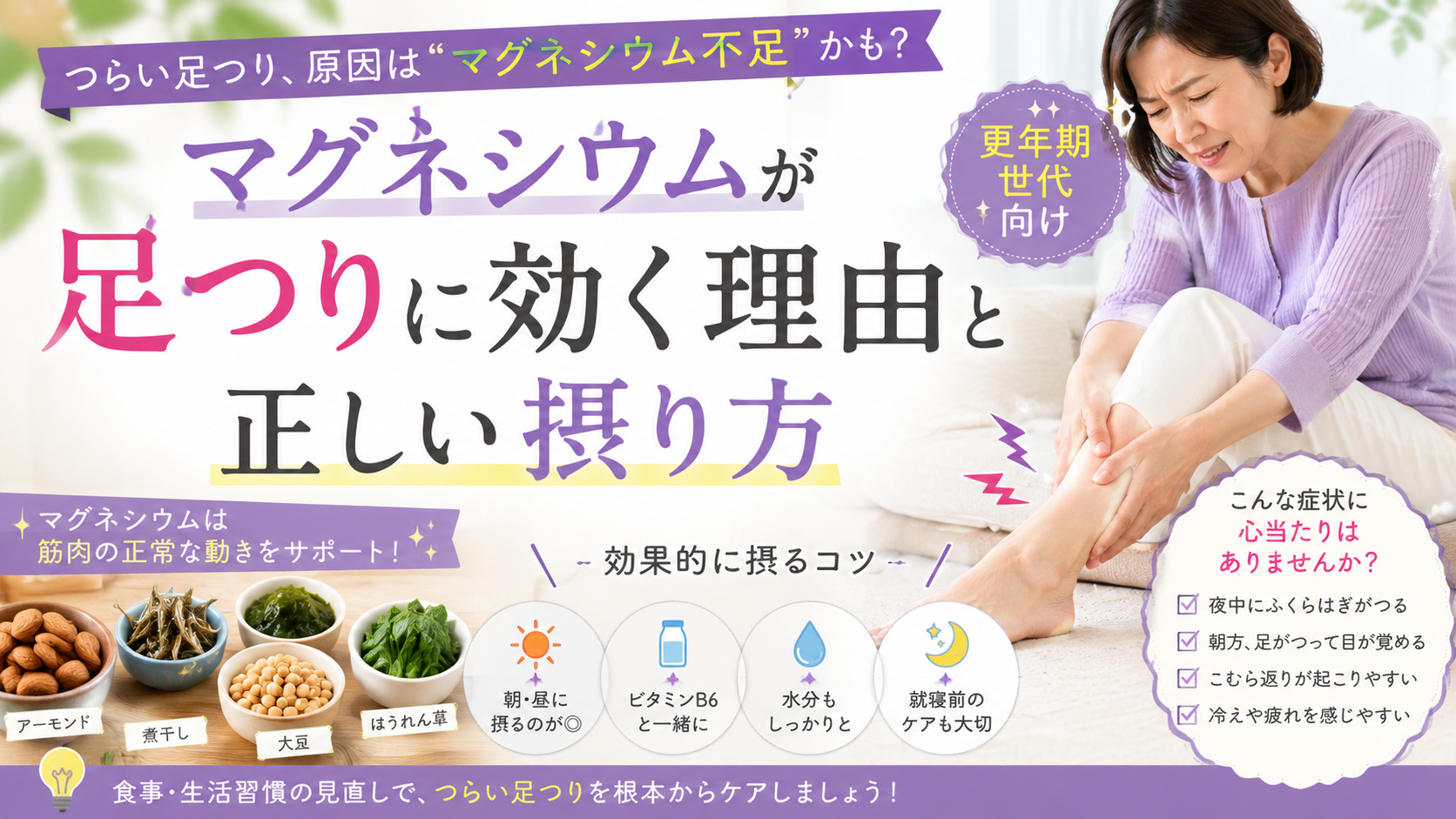 マグネシウムが足つりに効く理由と正しい摂り方|更年期世代向け