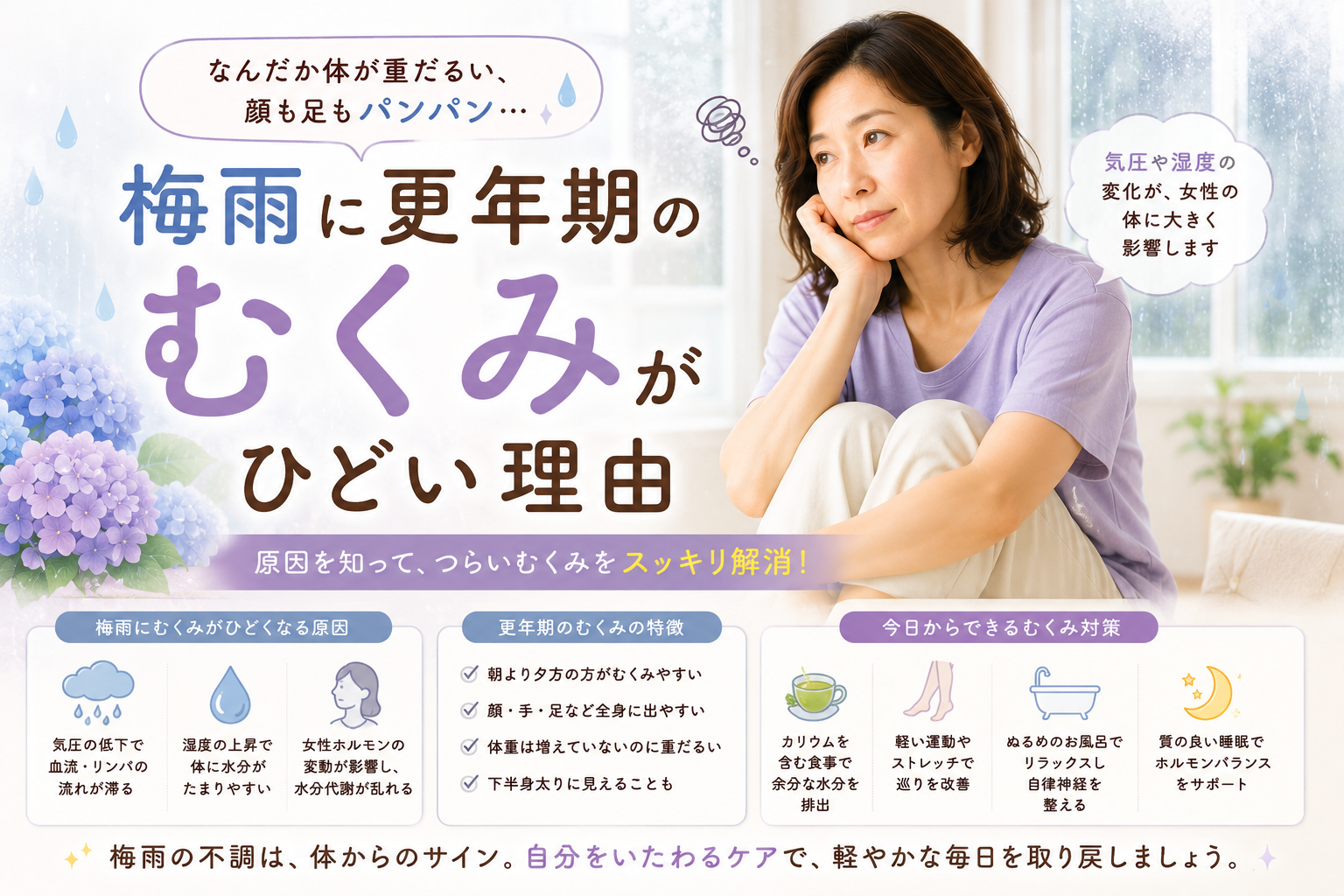 梅雨に更年期のむくみがひどい理由|気圧・湿度・自律神経の関係と対策