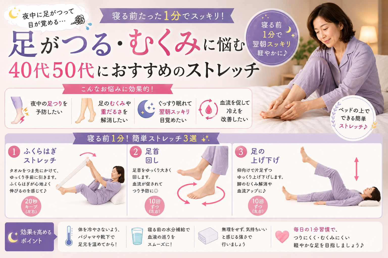 寝る前1分|足がつる・むくみに悩む40代50代におすすめのストレッチ