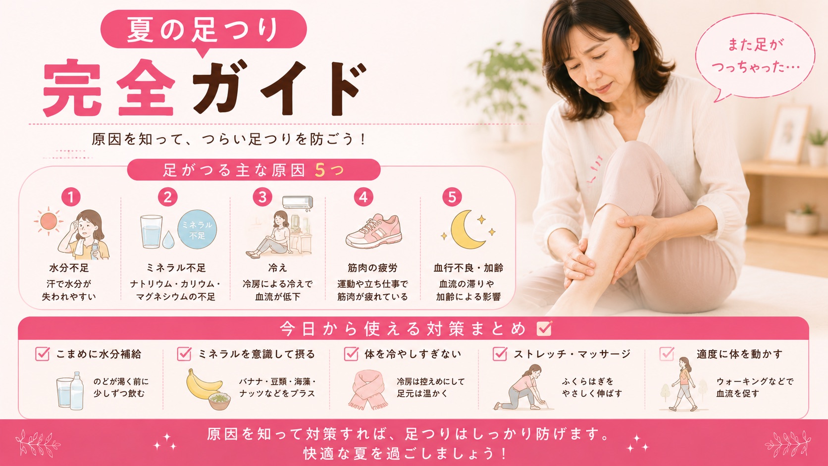夏の足つり完全ガイド|原因5つ・応急処置・夜間ルーティン・受診の目安までまとめて解説