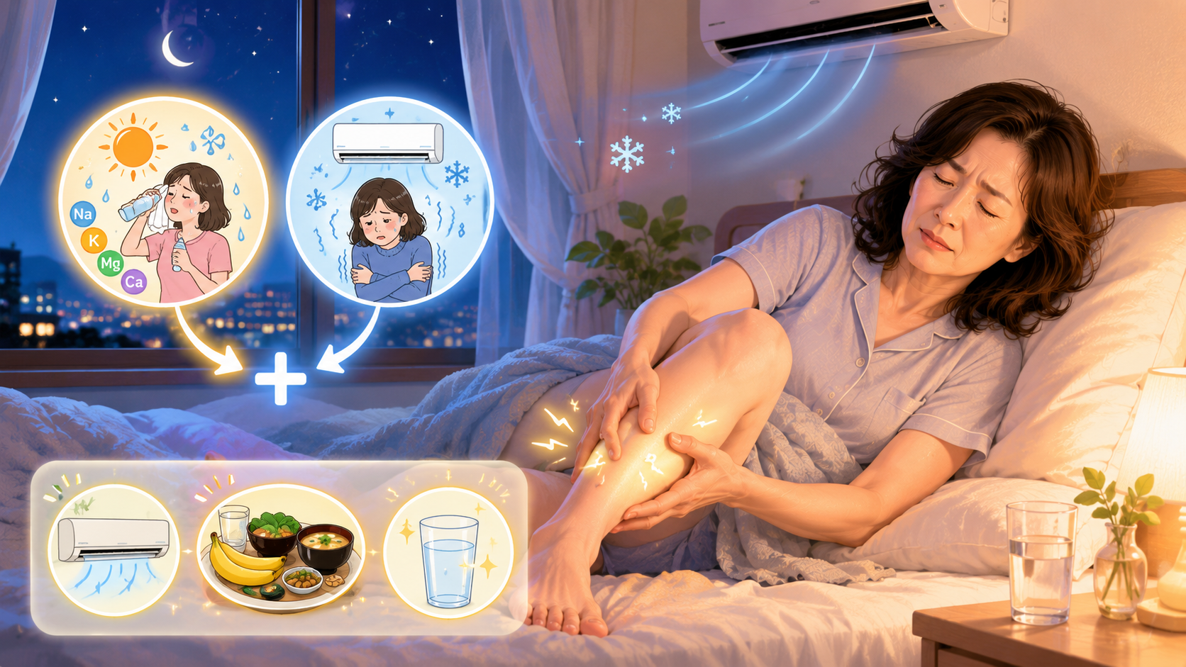 夏の夜中の足のつりが増える理由|汗で流れるミネラルと冷房の冷えのダブル原因と対策